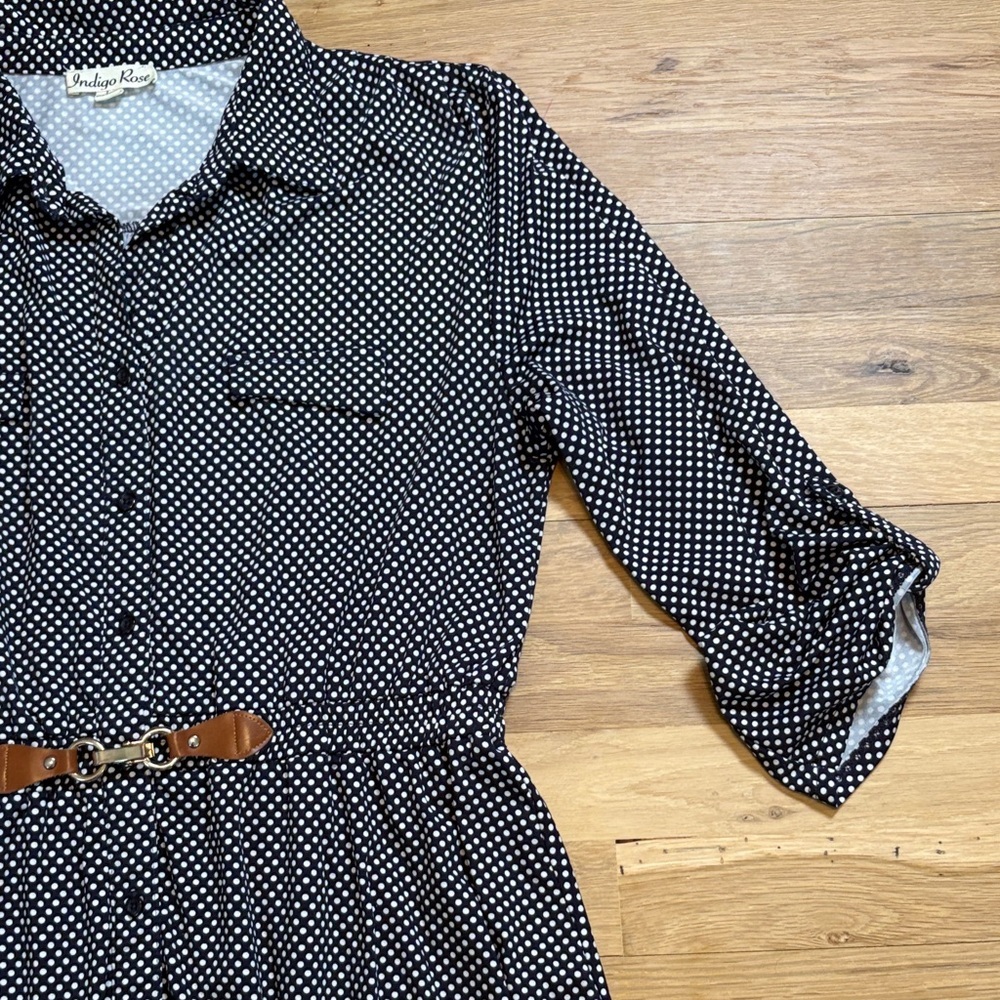 Indigo Rose Navy Polka Dot Midi Shirt Dress with Brown Belt Women’s L - Picture 7 of 16